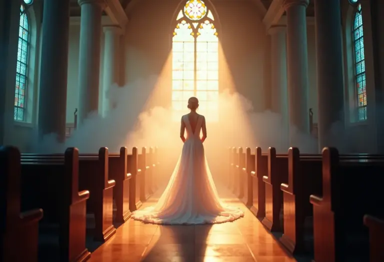 Noiva em altar de igreja envolta em névoa, representando o sonho de casar.