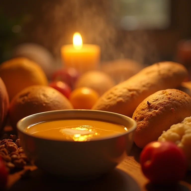 O simbolismo dos alimentos em sonhos: Pão, frutas e sopa com brilho etéreo.