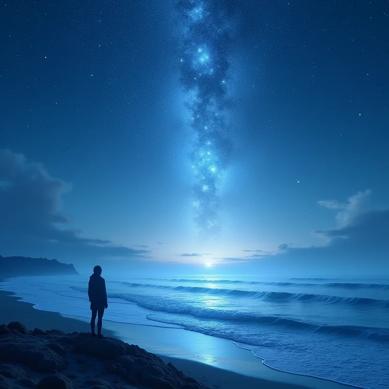 Oceano infinito se fundindo com céu estrelado