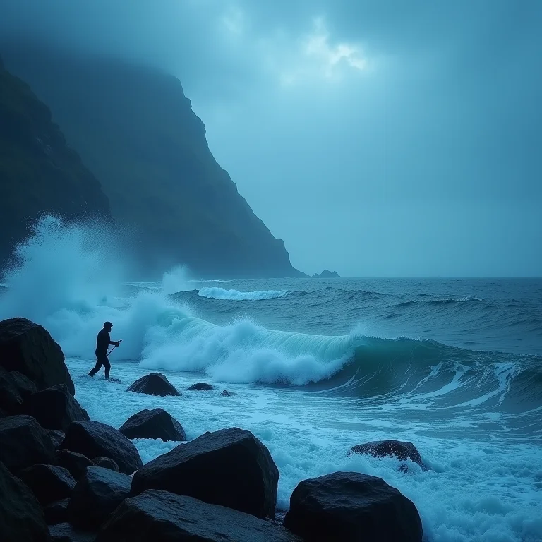 Ondas turbulentas e figura sendo puxada para segurança