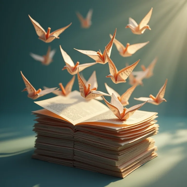 Páginas escritas se transformando em pássaros de origami voando.