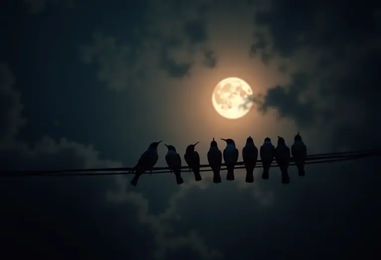 Pássaros dormindo em um fio sob a luz do luar, representando o sono tranquilo na natureza.