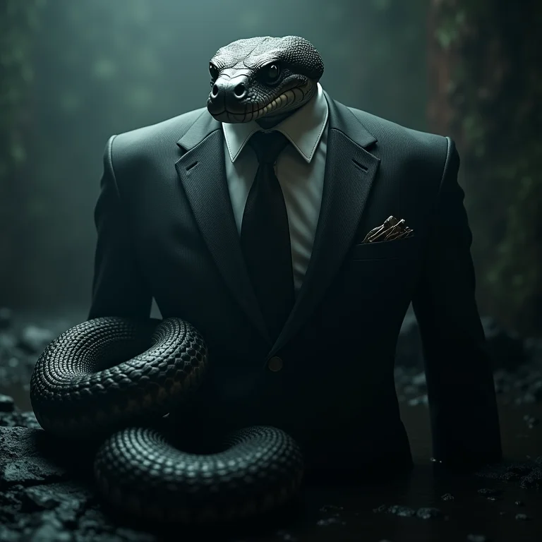 Pele de cobra gigante em forma de terno, representando transformação e desafios na vida profissional.