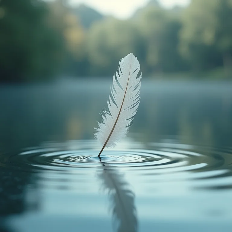 Pena caindo suavemente sobre um lago tranquilo, representando a leveza da transição para o sono.