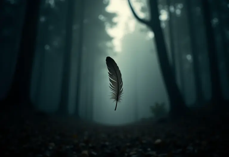 Pena de galinha caindo em floresta escura, simbolizando vulnerabilidade.