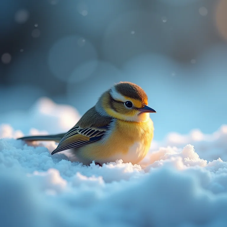 Pequeno pássaro aconchegado na neve, representando a proteção contra o frio durante o sono.