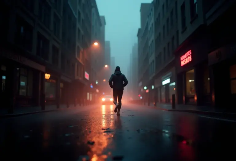 Pessoa correndo na chuva: mistério e autodescoberta.