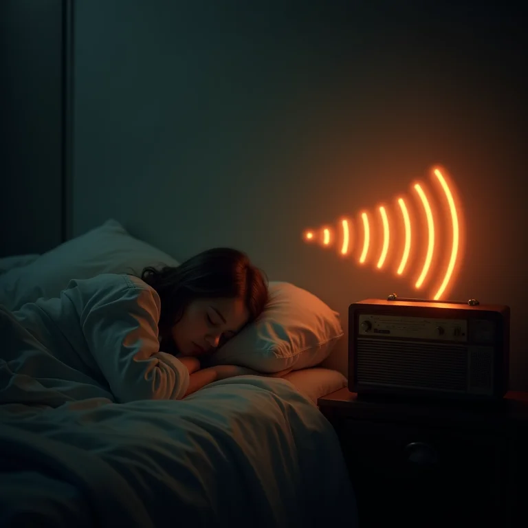 Pessoa dormindo cercada por ondas sonoras, representando áudios no sono.