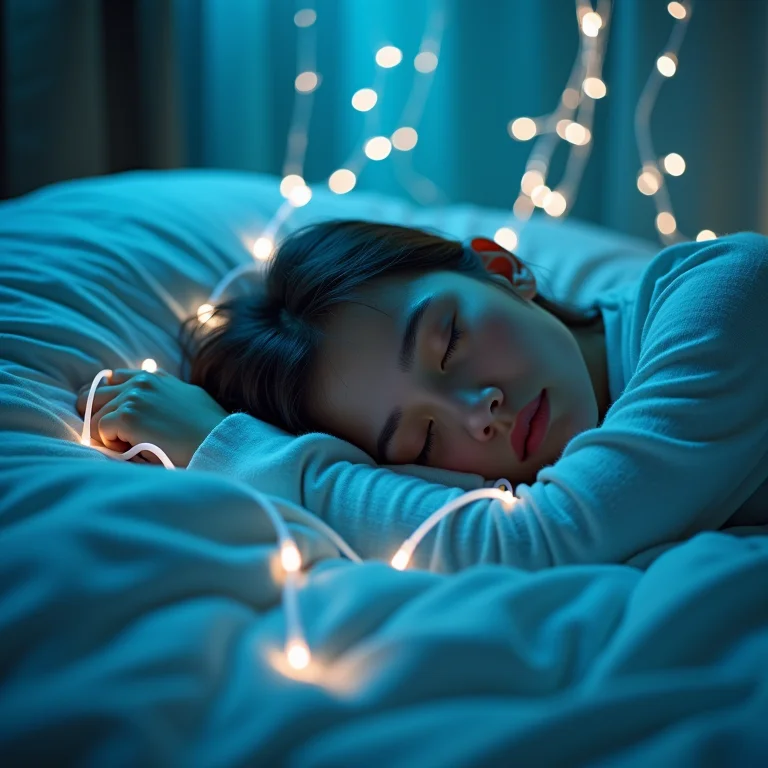 Pessoa dormindo conectada a fios luminosos, representando a análise profissional do sono.