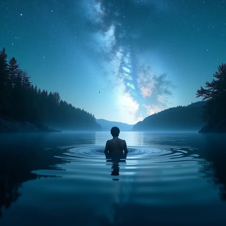 Pessoa nadando em rio com céu estrelado sobreposto, representando liberdade, expansão e conexão com o universo.