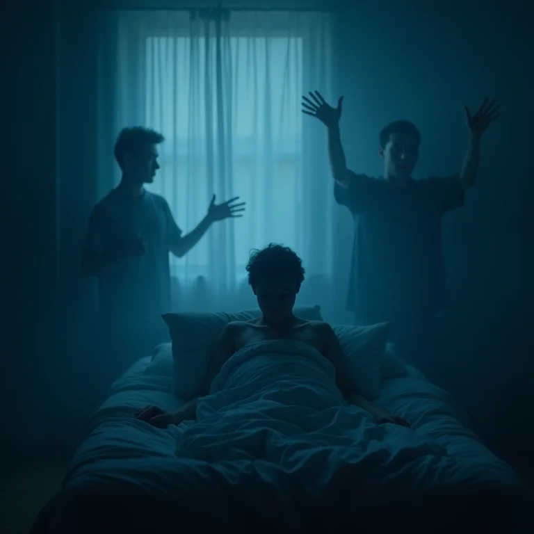 Pessoa se debatendo na cama, cercada por sombras, representando distúrbios do sono.