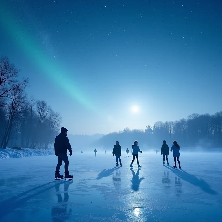 Pessoas patinando no gelo sob o céu estrelado, simbolizando leveza e diversão em sonhos de inverno.