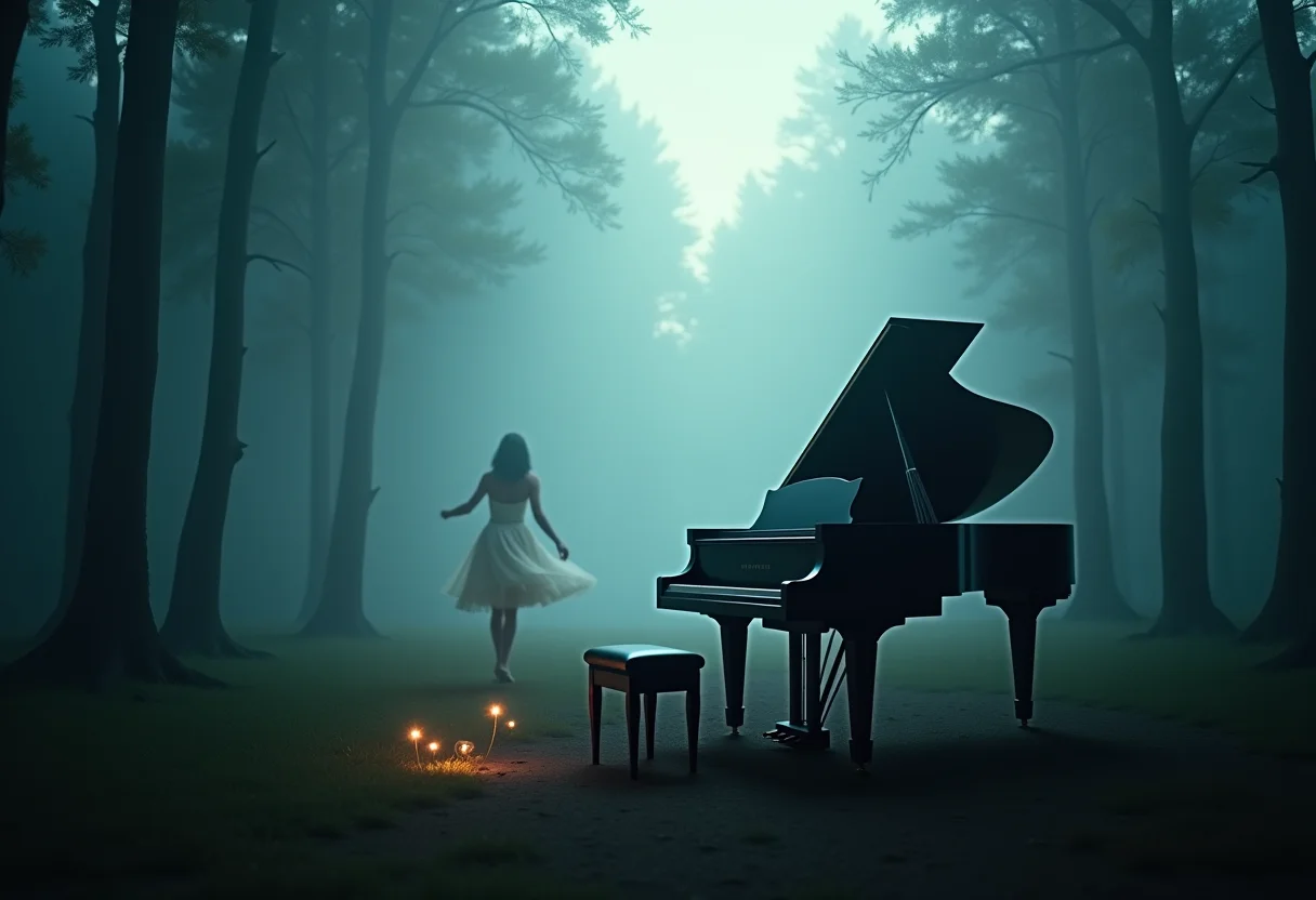 Piano brilhante em clareira simbolizando a música como transformação.