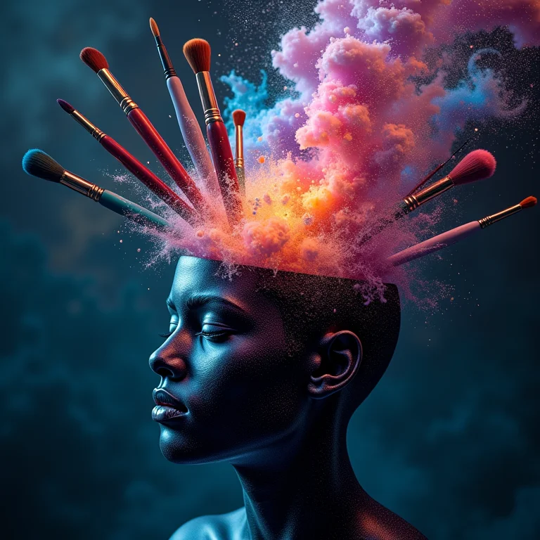 Pincéis flutuando ao redor de uma cabeça com galáxias coloridas, simbolizando a criatividade inspirada por sonhos.