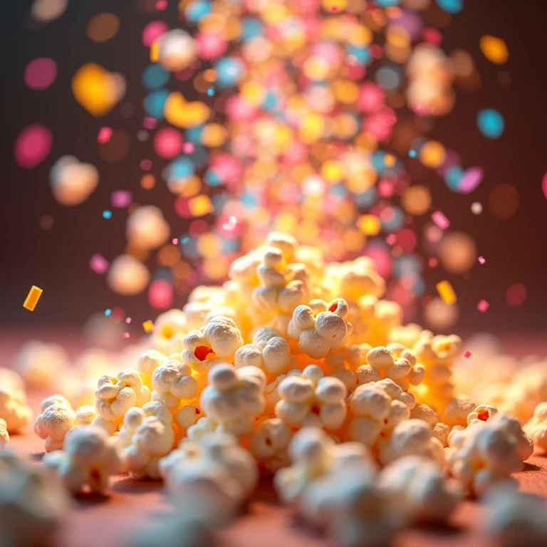 Pipoca doce se transformando em confete, símbolo de alegria e celebração.