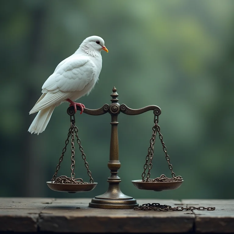 Pomba branca e correntes quebradas na balança