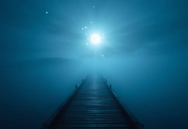 Ponte de madeira em névoa: jornada onírica e autoconhecimento.