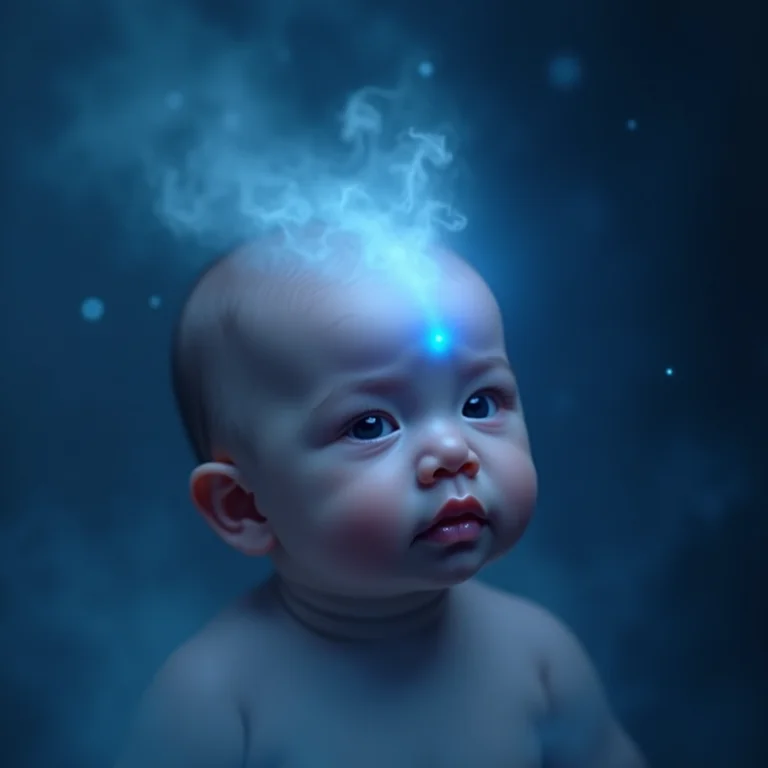 Ponto Yintang (terceiro olho) brilhando suavemente na testa de um bebê.