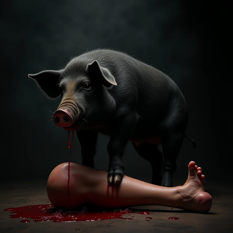 Porco preto mordendo uma perna, representando o medo causando dor e sofrimento.