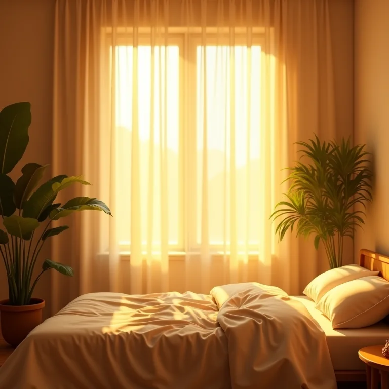 Quarto iluminado com luz dourada, um santuário para o sono