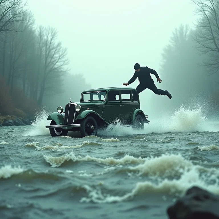 Queda em sonho: silhueta caindo de um carro no rio, representando o medo e a perda de controle