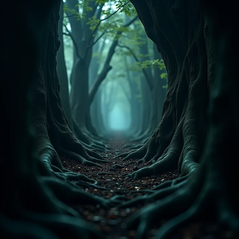 Raízes de árvore antigas entrelaçadas, representando a profundidade do sono.