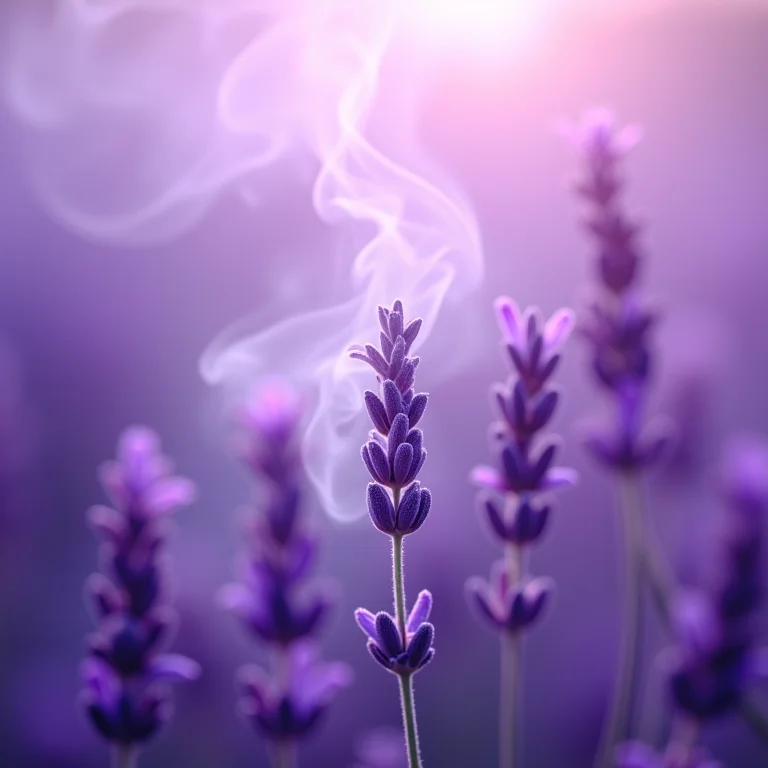 Ramos de lavanda liberando névoa aromática, simbolizando o poder dos aromas para acalmar a mente e o corpo.