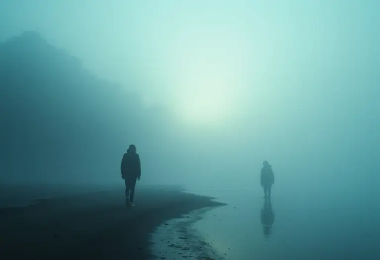 Reencontro onírico: figura solitária na praia encontra alguém no nevoeiro.