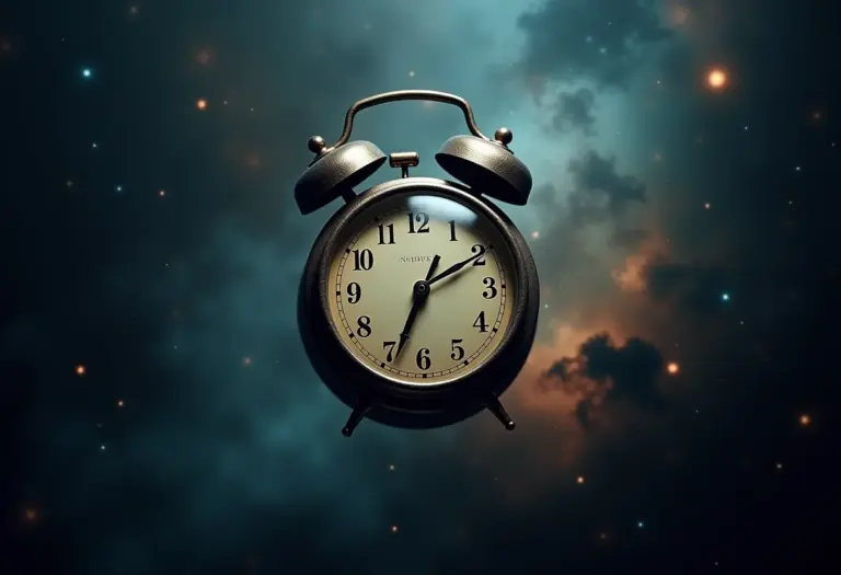 Relógio antigo marcando 5 da manhã em meio a uma galáxia onírica, simbolizando o Clube das 5 da Manhã.