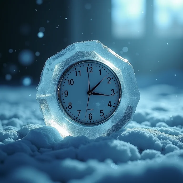 Relógio frágil no gelo derretendo, representando as consequências da apneia não tratada.