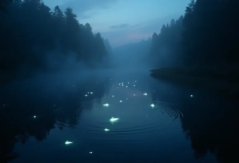 Rio cheio ao entardecer com peixes bioluminescentes, simbolizando o inconsciente profundo e a intuição.