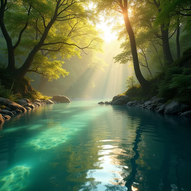 Rio de água cristalina em floresta antiga, representando clareza emocional e renovação.