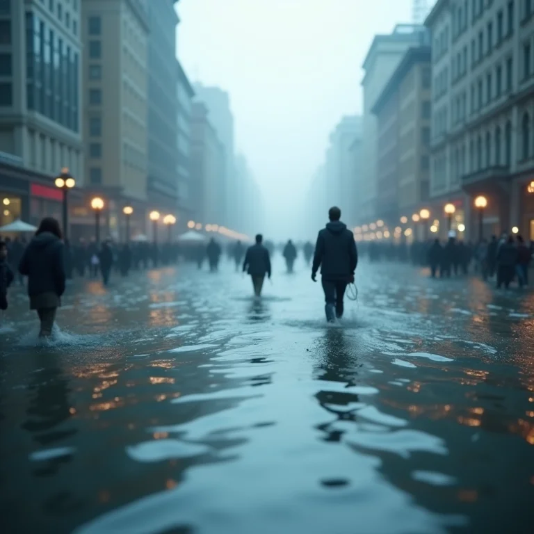 Rio transbordando inundando uma cidade onírica, representando emoções avassaladoras e perda de controle.