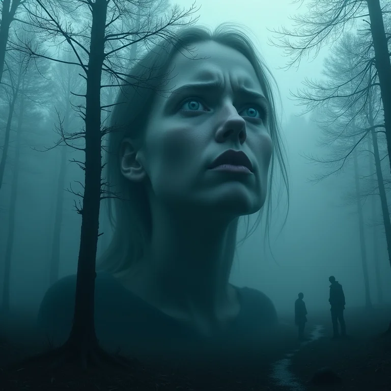 Rosto aterrorizado sobreposto a figuras sombrias em uma floresta escura