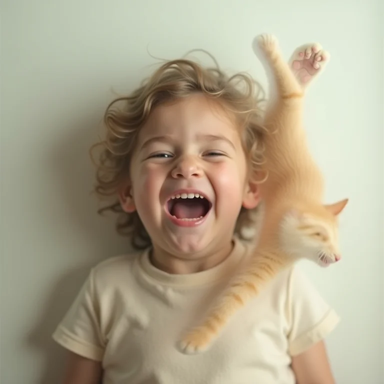 Rosto de criança sobreposto a um gato brincando, simbolizando alegria e leveza.