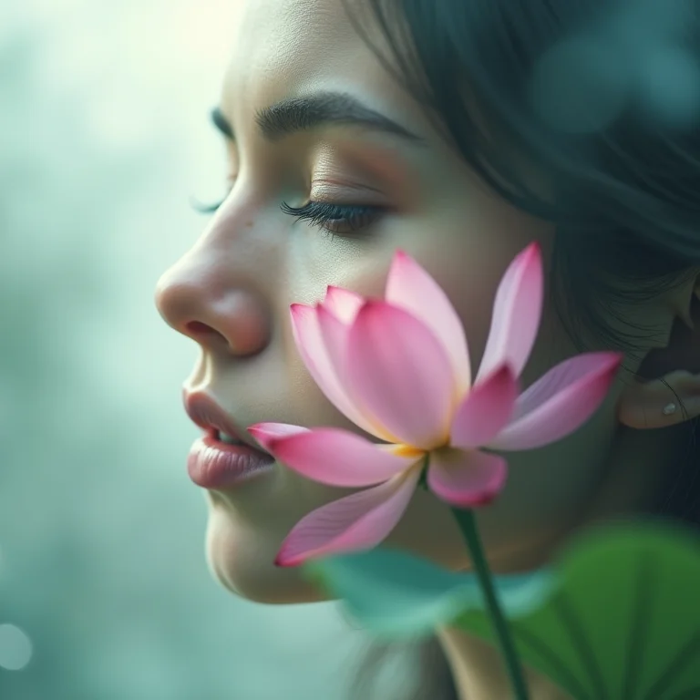 Rosto sereno se fundindo com uma flor de lótus, representando bem-estar e paz interior.