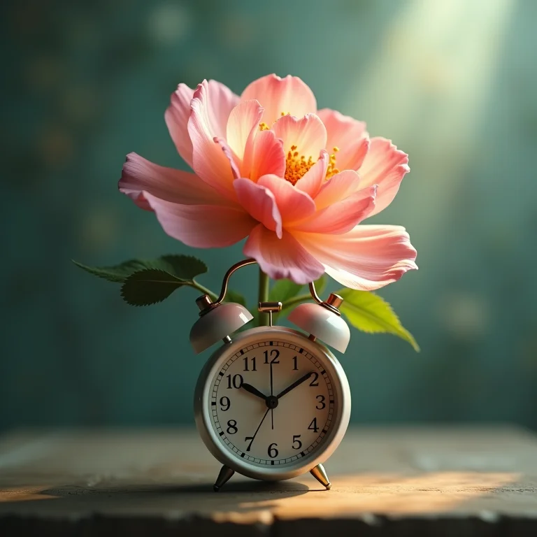 Rotina de sono regular: flor e despertador entrelaçados.