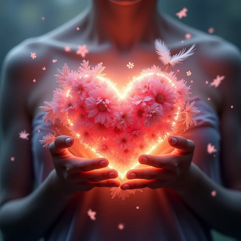 Sentimentos oníricos: coração brilhante em meio a flores e penas em sonho