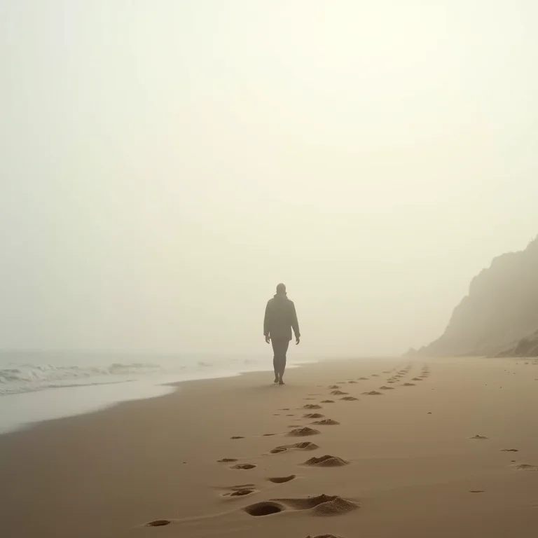 Silhueta caminhando em praia nebulosa, pegadas de areia desaparecendo, representando memórias e relações efêmeras.