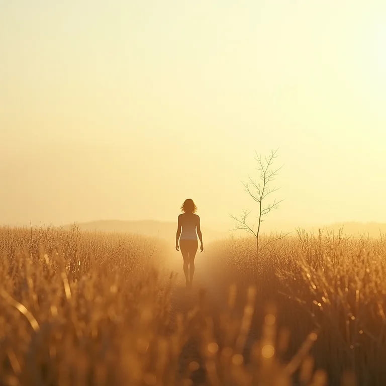 Silhueta caminhando em trigal florescendo, simbolizando crescimento pessoal
