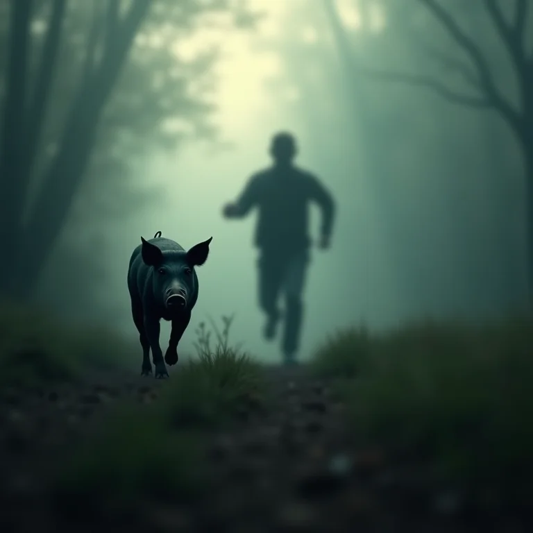 Silhueta correndo de um porco preto, simbolizando a fuga dos seus medos.