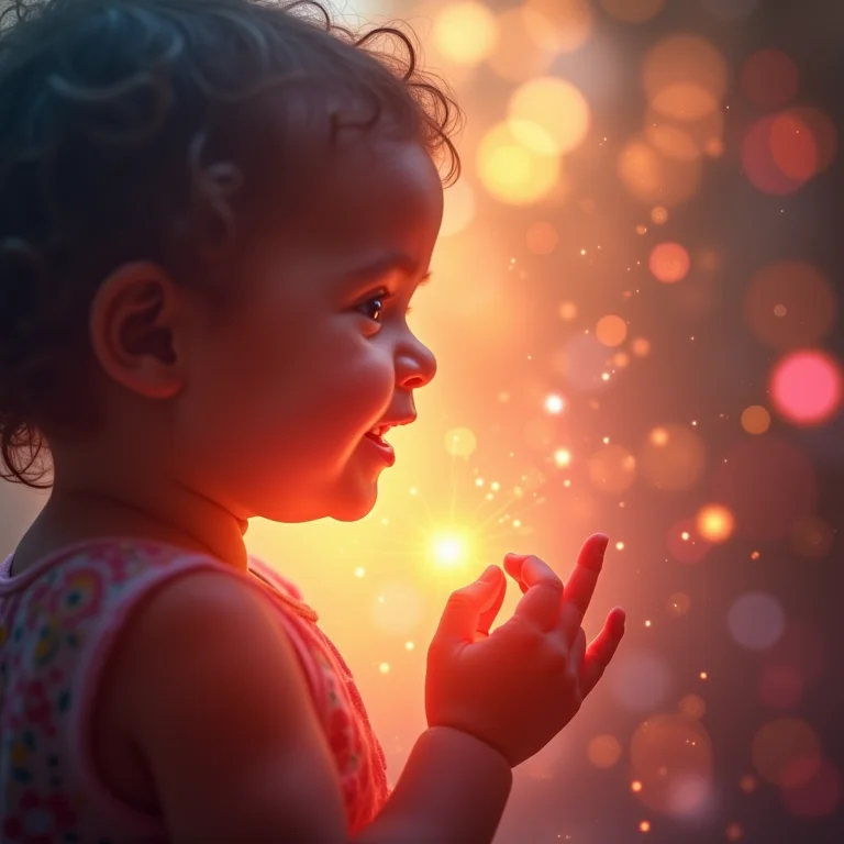 Silhueta de bebê sorrindo irradiando luz colorida, representando alegria e pureza.