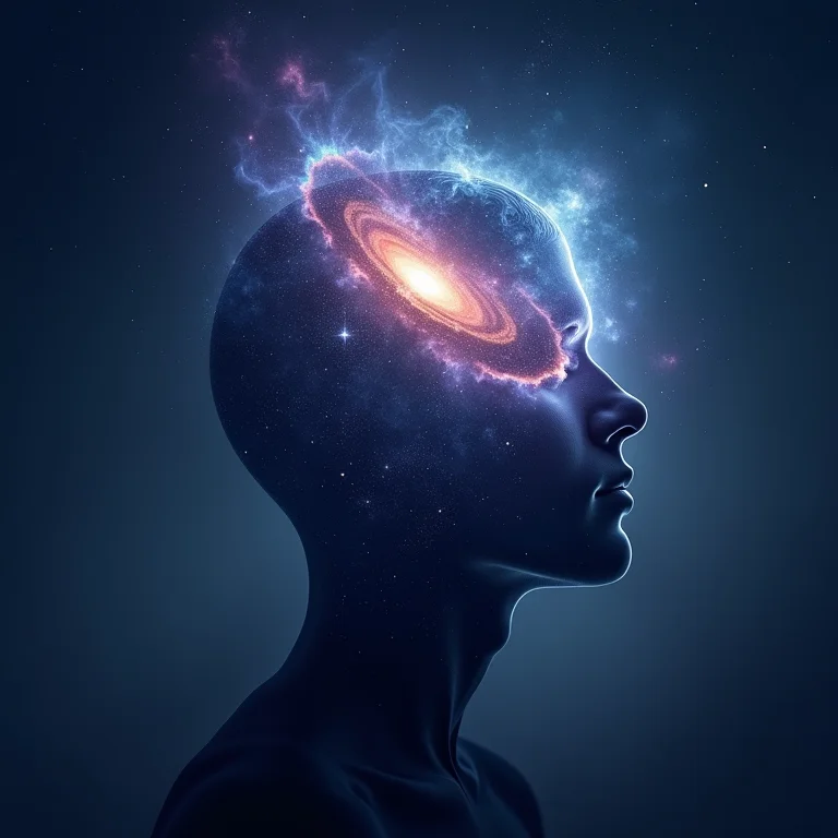 Silhueta de cabeça flutuante cheia de galáxias representando headspace