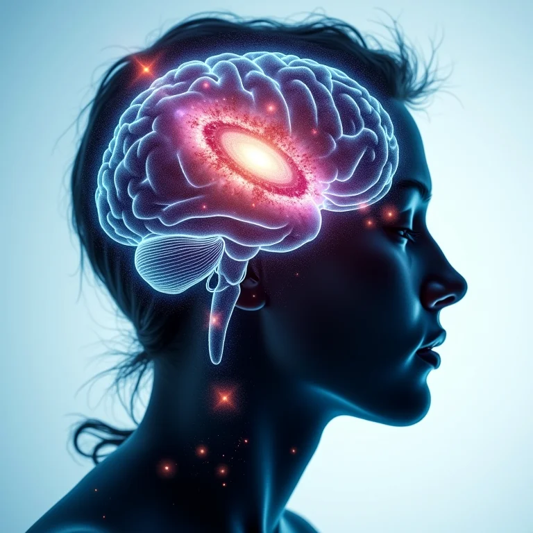 Silhueta de cérebro com galáxia vibrante dentro, representando a atividade cerebral intensa no sono REM.