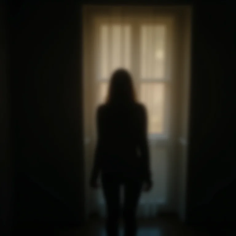 Silhueta de mulher tentando alcançar luz fraca, simbolizando a perda de controle em sonhos.