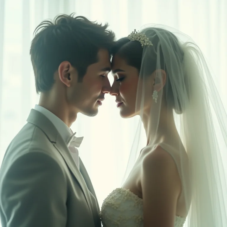 Silhueta de noiva se fundindo com outra pessoa, representando o medo de casar com a pessoa errada.