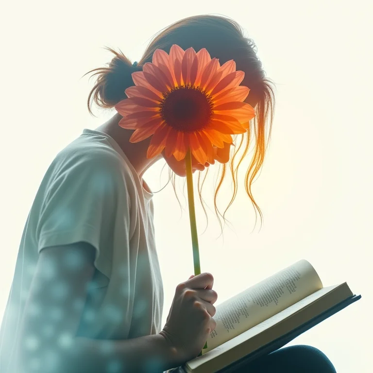 Silhueta escrevendo com flor florescendo em sobreposição.