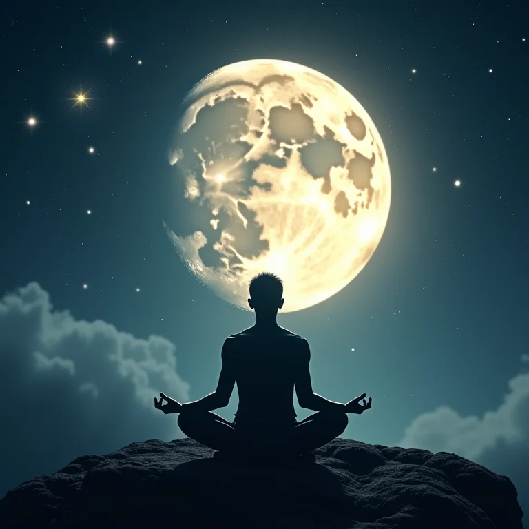 Silhueta meditando sob uma lua gigante, simbolizando meditação e mindfulness.
