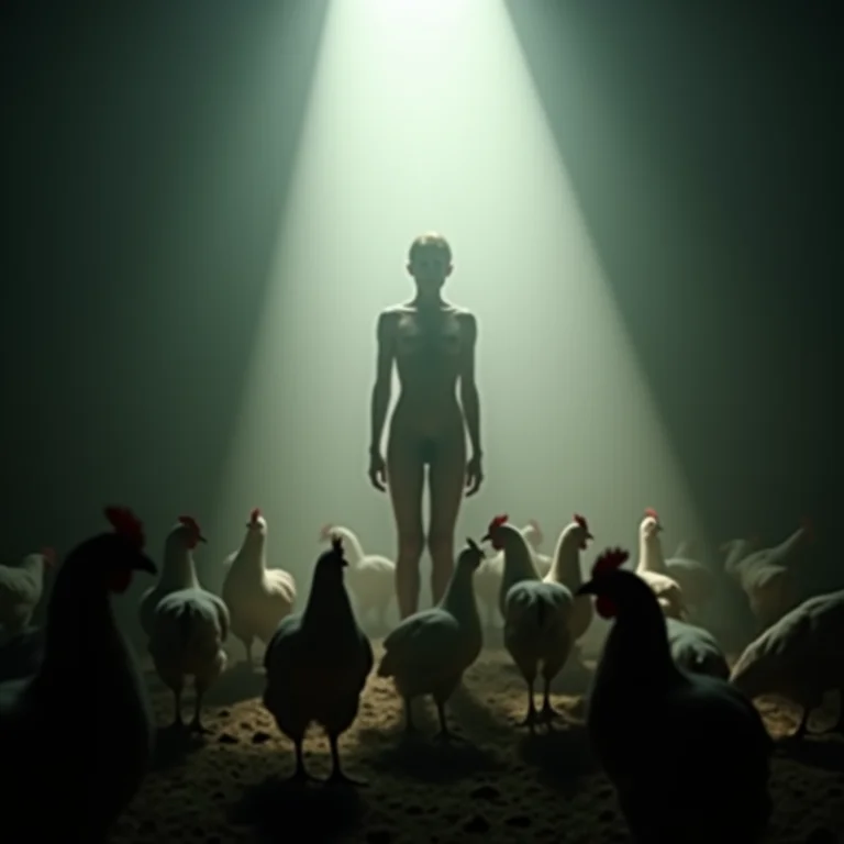 Silhueta nua sob holofote cercada por galinhas, representando vulnerabilidade.