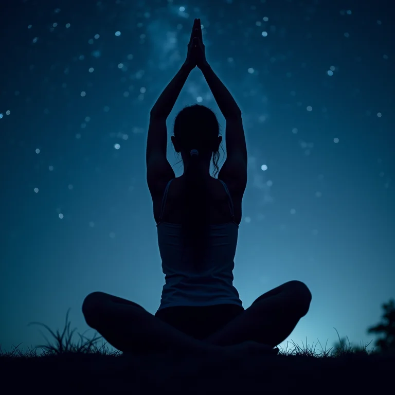 Silhueta praticando yoga sob o céu estrelado, ritual noturno para um sono tranquilo
